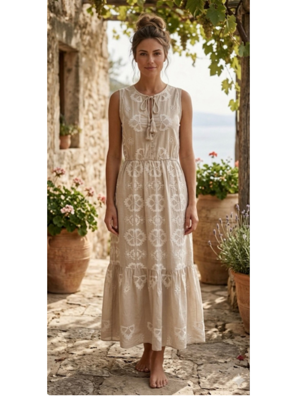 ELLEN TRACY Embroidered Eyelet Cotton Maxi Dress XS